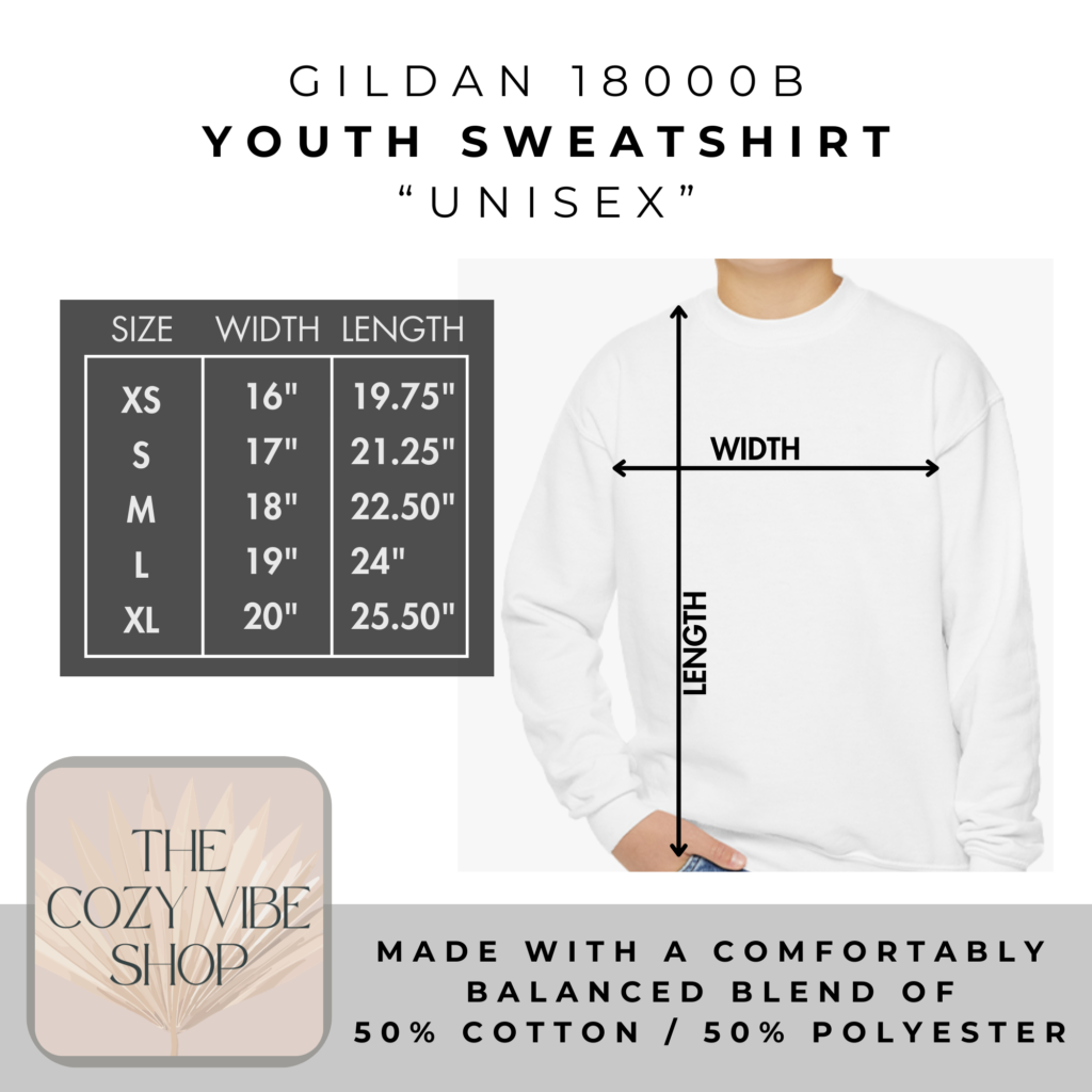 Gildan 18000B Unisex Youth Sweatshirt size chart for The Cozy Vibe Shop